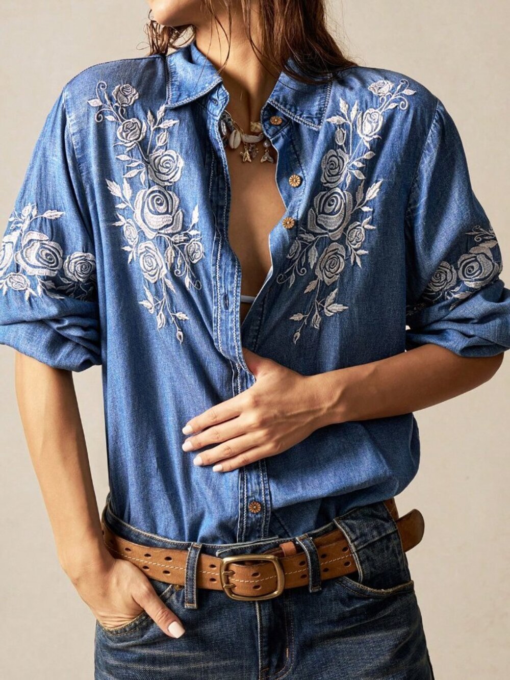 Blue Boho Women's Denim Embroidered Long Sleeve Shirt